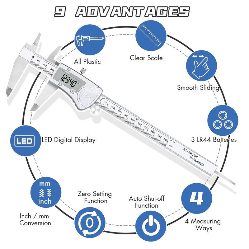 Simhevn Electronic Digital Calipers, inch and Millimeter Conversion,LCD Screen displays 0-6" Caliper Measuring Tool, Automatic Shutdown, Suitable for DIY/Jewelry Measurement (200mm Stainless Steel) - Image 4